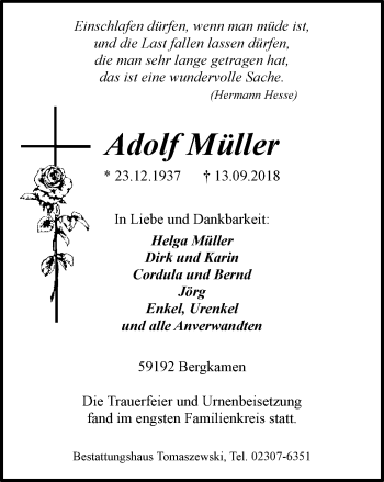 Traueranzeige von Adolf Müller von Stadtspiegel Kamen + Unna