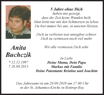 Traueranzeige von Anita Buchczik von Stadtspiegel Bottrop