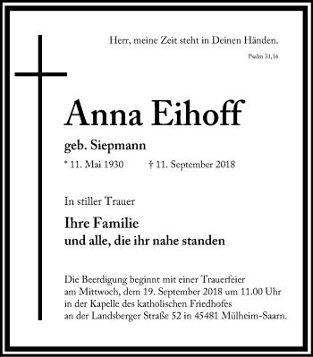 Traueranzeige von Anna Eihoff von Mülheimer Woche