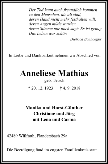 Traueranzeige von Anneliese Mathias von Stadtanzeiger Velbert + Heiligenhaus