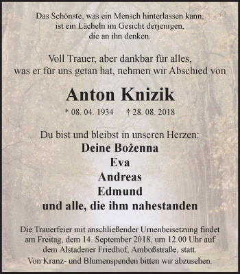 Traueranzeige von Anton Knizik von Wochen-Anzeiger Oberhausen