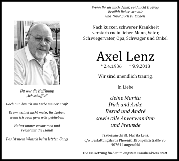 Traueranzeige von Axel Lenz von Wochen-Anzeiger Langenfeld/Monheim/Hilden