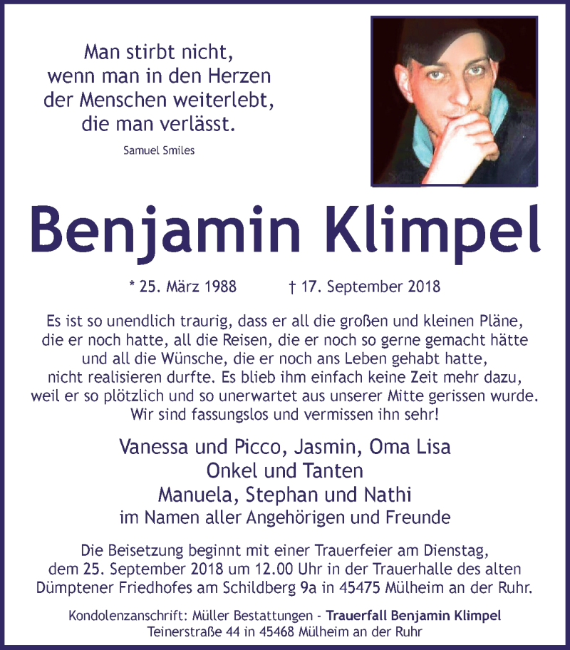  Traueranzeige für Benjamin Klimpel vom 22.09.2018 aus Mülheimer Woche