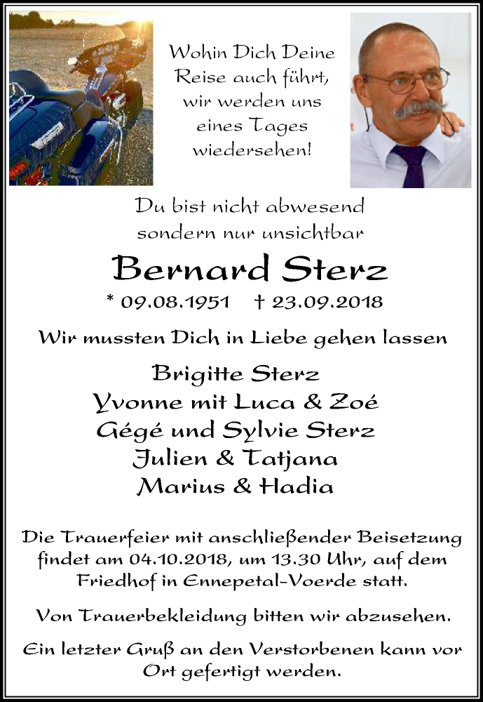  Traueranzeige für Bernard Sterz vom 29.09.2018 aus wap Schwelm/Gevelsberg/Ennepetal