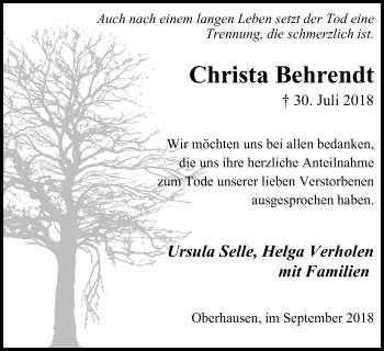 Traueranzeige von Christa Behrendt von Wochen-Anzeiger Oberhausen