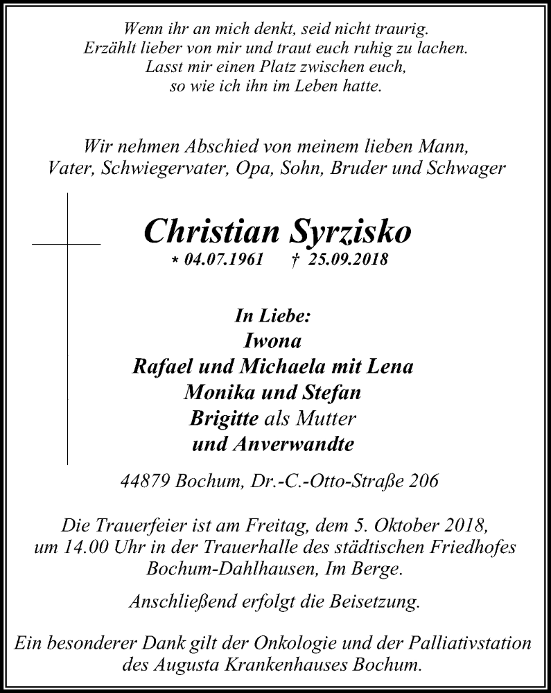  Traueranzeige für Christian Syrzisko vom 29.09.2018 aus Stadtspiegel Bochum