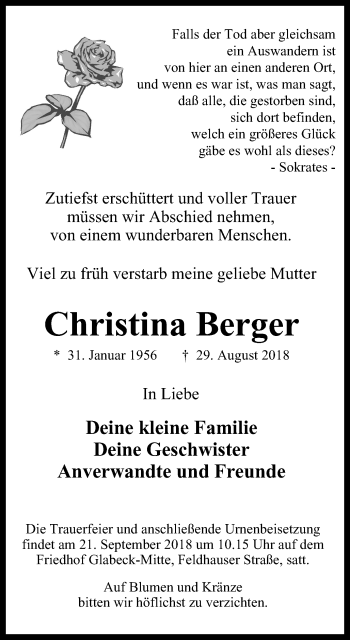 Traueranzeige von Christina Berger von Stadtspiegel Gladbeck