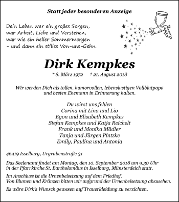 Traueranzeige von Dirk Kempkes von Stadtanzeiger Emmerich/Rees/Isselburg