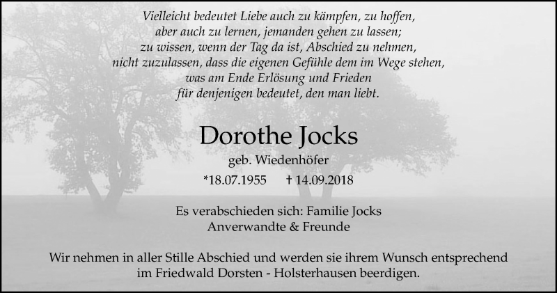  Traueranzeige für Dorothe Jocks vom 19.09.2018 aus Stadtspiegel Haltern + Dorsten