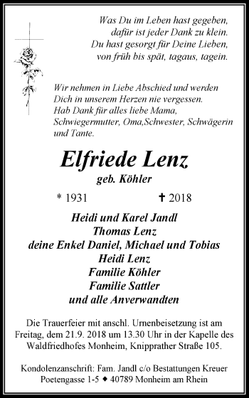 Traueranzeige von Elfriede Lenz von Wochen-Anzeiger Langenfeld/Monheim/Hilden