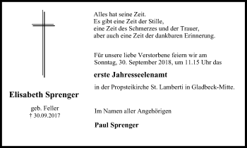 Traueranzeige von Elisabeth Sprenger von Stadtspiegel Gladbeck