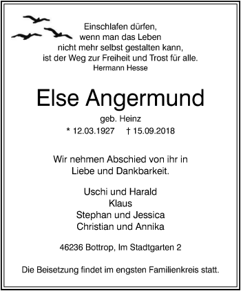 Traueranzeige von Else Angermund von Stadtspiegel Bottrop