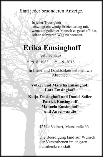 Traueranzeige von Erika Emsinghoff von Stadtanzeiger Velbert + Heiligenhaus