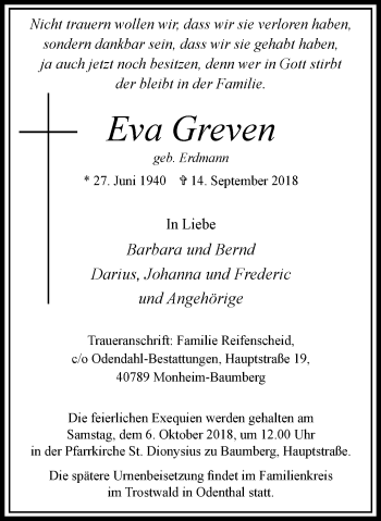 Traueranzeige von Eva Greven von Wochen-Anzeiger Langenfeld/Monheim/Hilden