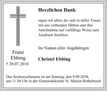 Traueranzeige von Franz Ebbing von Wochen-Anzeiger Oberhausen