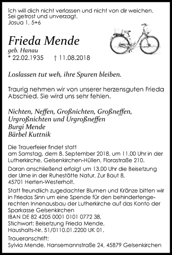 Traueranzeige von Frieda Mende von Stadtspiegel Gelsenkirchen