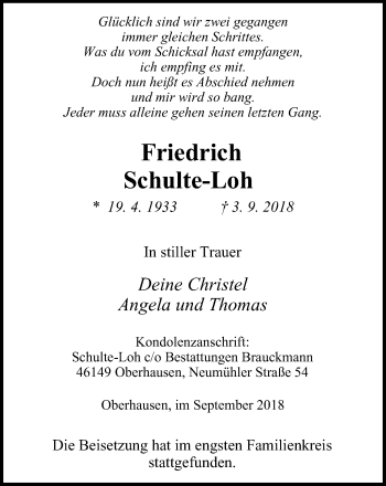 Traueranzeige von Friedrich Schulte-Loh von Wochen-Anzeiger Oberhausen