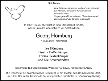 Traueranzeige von Georg Hömberg von Stadtspiegel Menden + Froendenberg