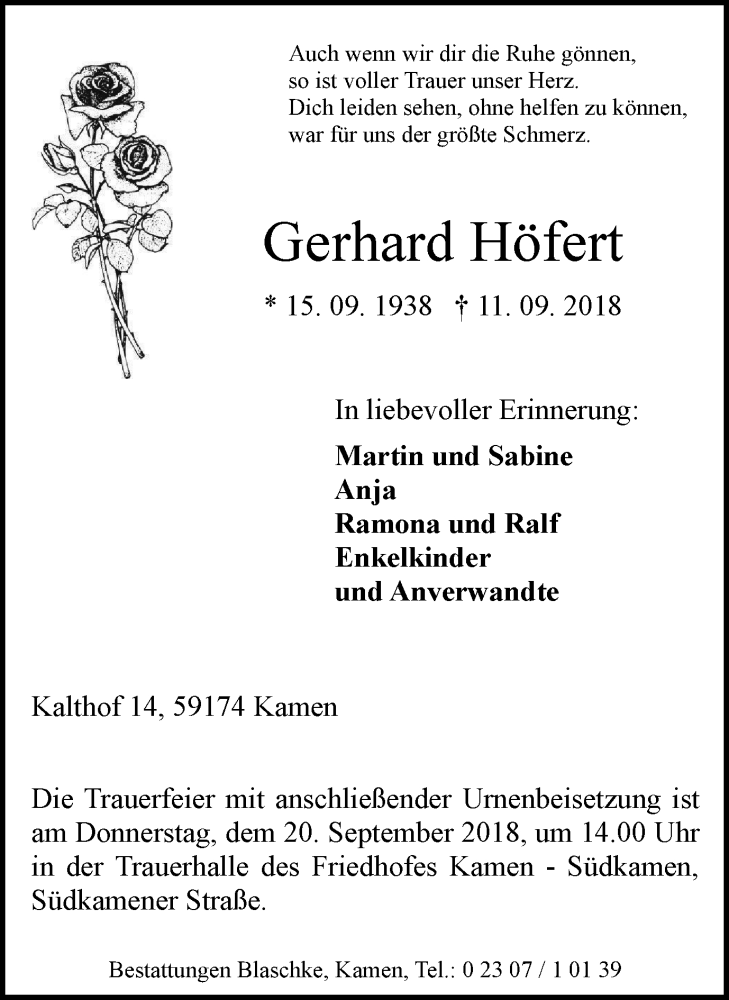  Traueranzeige für Gerhard Höfert vom 19.09.2018 aus Stadtspiegel Kamen + Unna