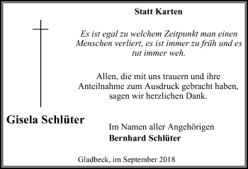 Traueranzeige von Gisela Schlüter von Stadtspiegel Gladbeck
