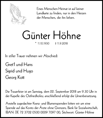 Traueranzeige von Günter Höhne von Stadtspiegel Bottrop
