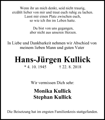 Traueranzeige von Hans-Jürgen Kullick von Stadtspiegel Bottrop