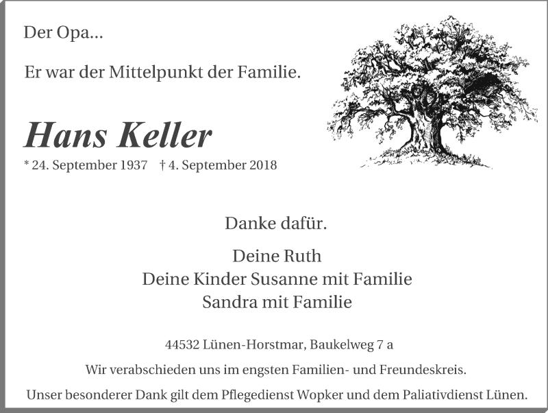 Traueranzeige für Hans Keller vom 08.09.2018 aus Lüner Anzeiger