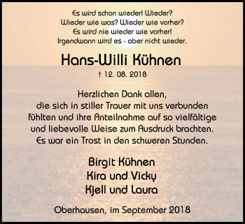 Traueranzeige von Hans-Willi Kühnen von Wochen-Anzeiger Oberhausen