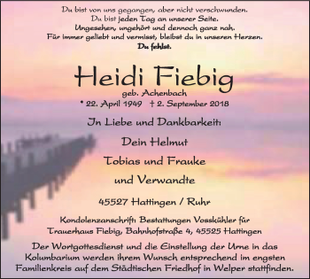 Traueranzeige von Heidi Fiebig von Stadtspiegel Hattingen/Niedersprockhövel