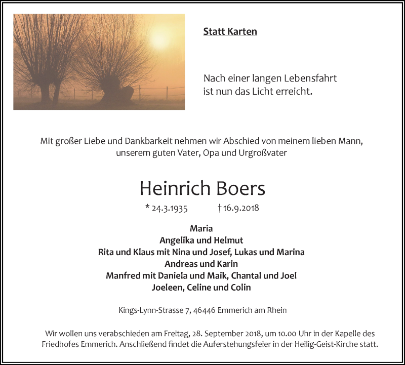  Traueranzeige für Heinrich Boers vom 22.09.2018 aus Stadtanzeiger Emmerich/Rees/Isselburg
