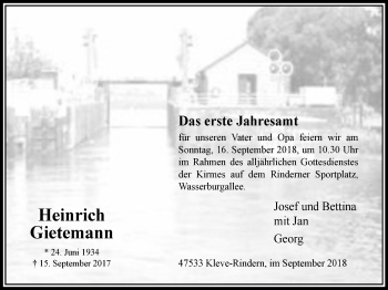 Traueranzeige von Heinrich Gietemann von Klever Wochenblatt