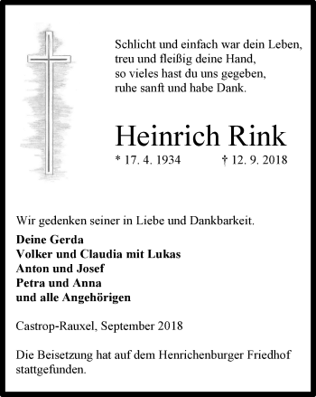 Traueranzeige von Heinrich Rink von Stadtanz.Castrop-Rauxel