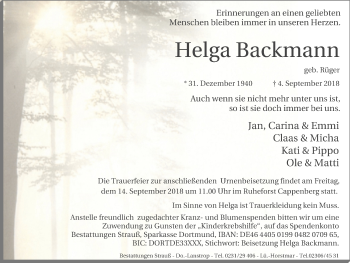 Traueranzeige von Helga Backmann von Lüner Anzeiger