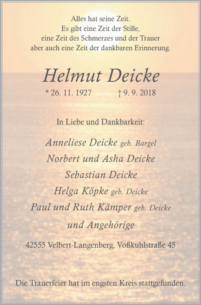  Traueranzeige für Helmut Deicke vom 15.09.2018 aus Stadtanzeiger Velbert + Heiligenhaus