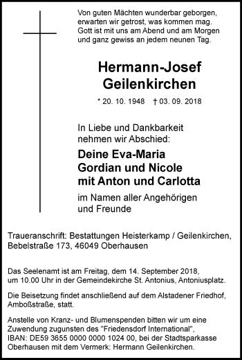 Traueranzeige von Hermann-Josef Geilenkirchen von Wochen-Anzeiger Oberhausen
