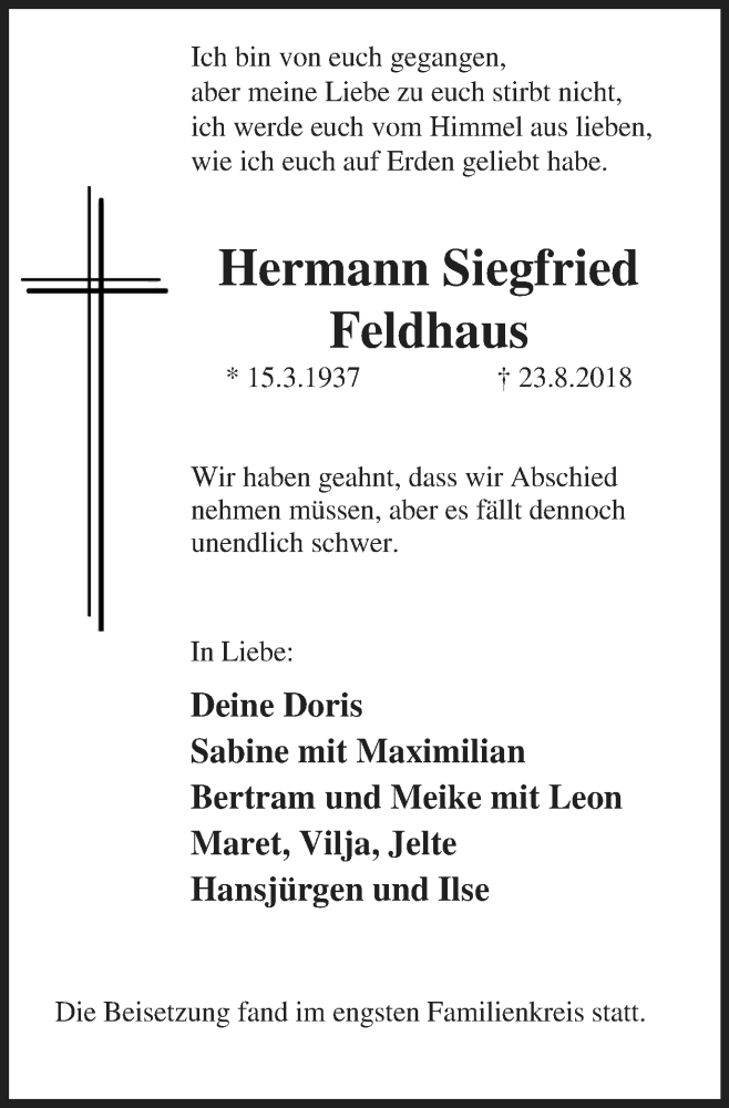  Traueranzeige für Hermann Siegfried Feldhaus vom 01.09.2018 aus Wochen-Anzeiger Oberhausen