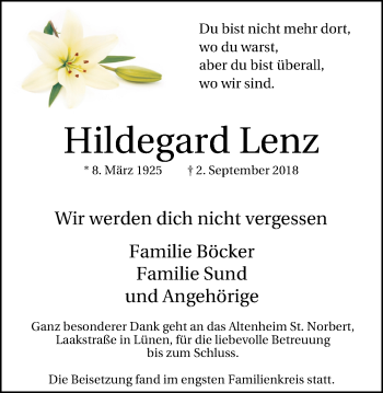 Traueranzeige von Hildegard Lenz von Lüner Anzeiger