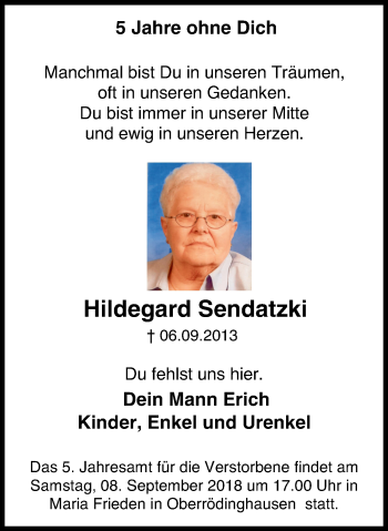 Traueranzeige von Hildegard Sendatzki von Stadtspiegel Menden + Froendenberg