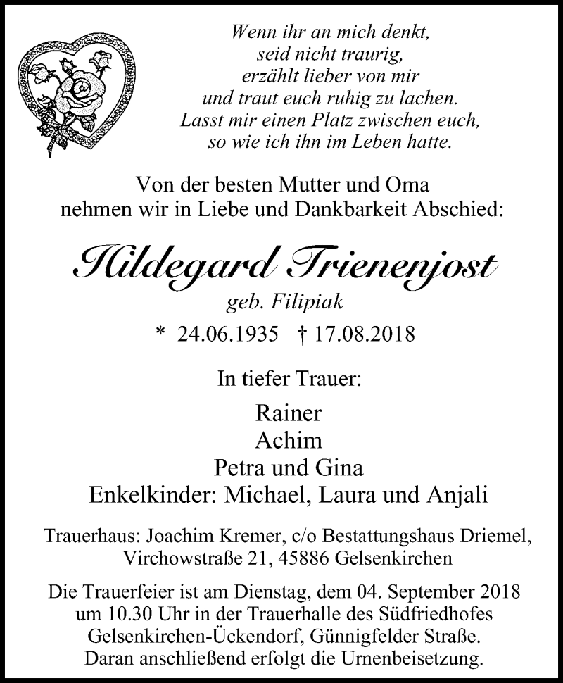  Traueranzeige für Hildegard Trienenjost vom 01.09.2018 aus Stadtspiegel Gelsenkirchen