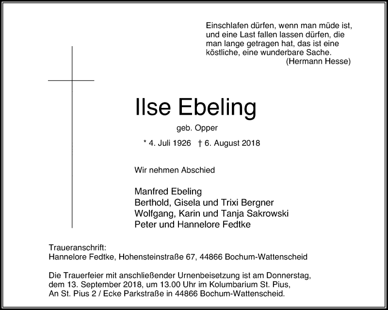  Traueranzeige für Ilse Ebeling vom 05.09.2018 aus Stadtspiegel Wattenscheid