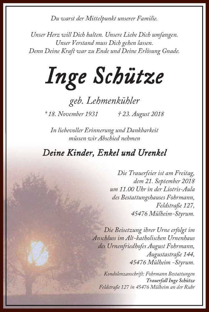  Traueranzeige für Inge Schütze vom 15.09.2018 aus Mülheimer Woche
