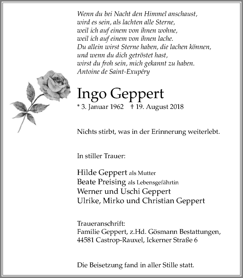  Traueranzeige für Ingo Geppert vom 01.09.2018 aus Stadtanz.Castrop-Rauxel
