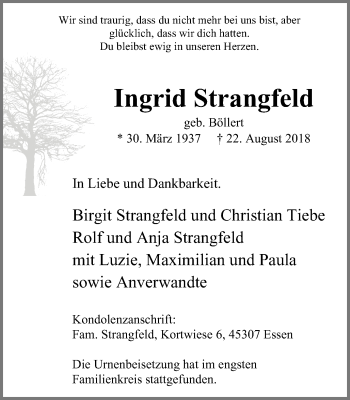 Traueranzeige von Ingrid Strangfeld von Nord Anzeiger Essen