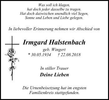 Traueranzeige von Irmgard Halstenbach von Wochen-Anzeiger Oberhausen