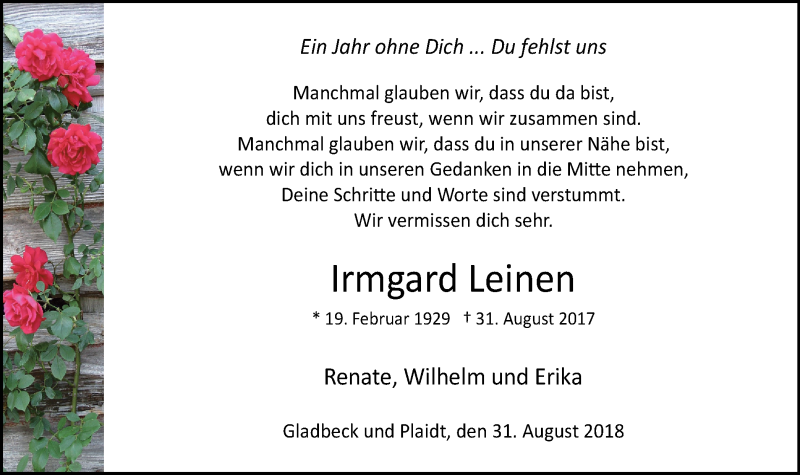  Traueranzeige für Irmgard Leinen vom 01.09.2018 aus Stadtspiegel Gladbeck
