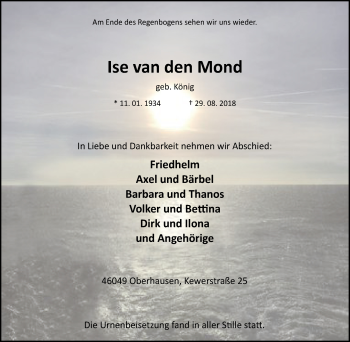 Traueranzeige von Ise van den Mond von Wochen-Anzeiger Oberhausen