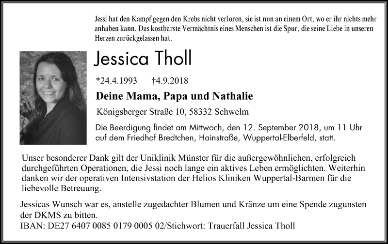  Traueranzeige für Jessica Tholl vom 08.09.2018 aus wap Schwelm/Gevelsberg/Ennepetal
