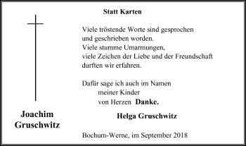 Traueranzeige von Joachim Gruschwitz von Stadtspiegel Bochum