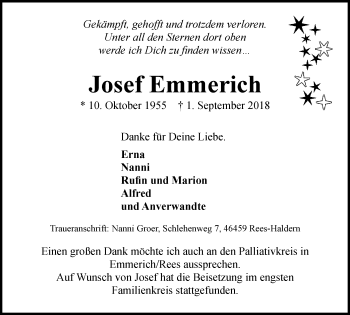 Traueranzeige von Josef Emmerich von Stadtanzeiger Emmerich/Rees/Isselburg