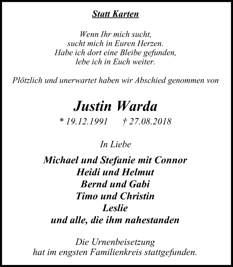  Traueranzeige für Justin Warda vom 26.09.2018 aus Mülheimer Woche